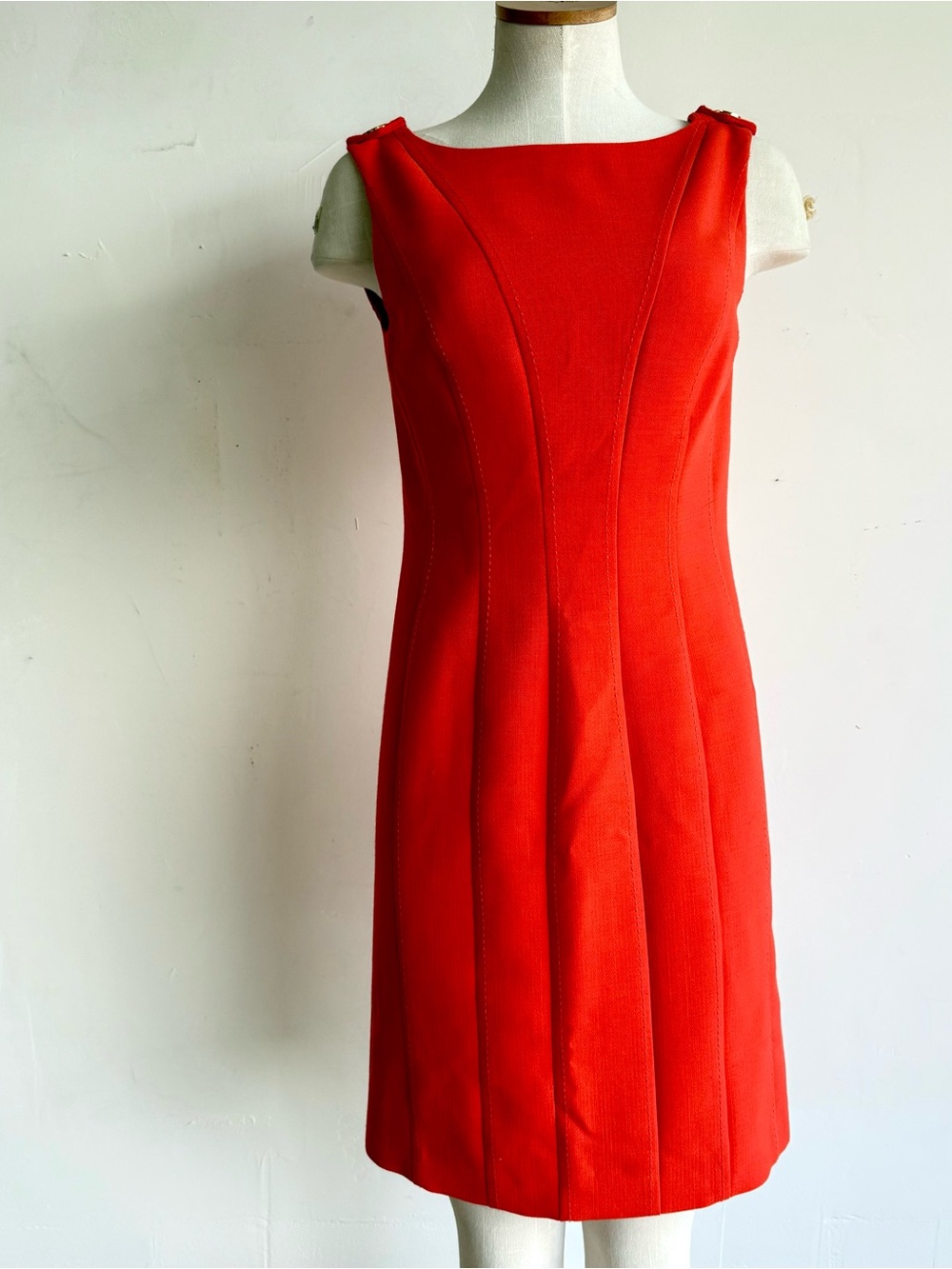 TORY BURCH sheath dress SZ 2 orange Wool Gold Button Lined logo sleeveless